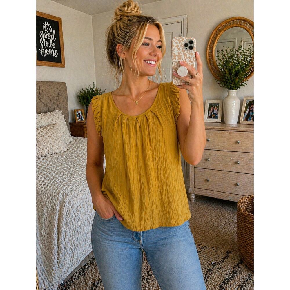 World Market Mustard Yellow Ruffle Sleeve Top Size S/M Boho Lightweight